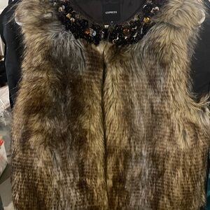 Express Faux Fur Vest with Embellished Neckline